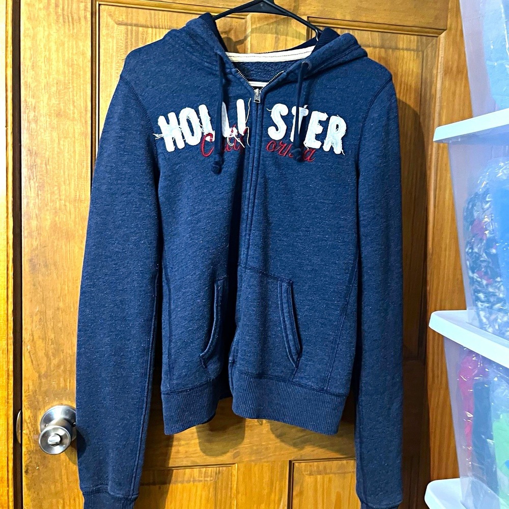 Vintage Hollister Spellout Full Zip Hoodie Navy Blue Sweatshirt Y2K Grunge Large